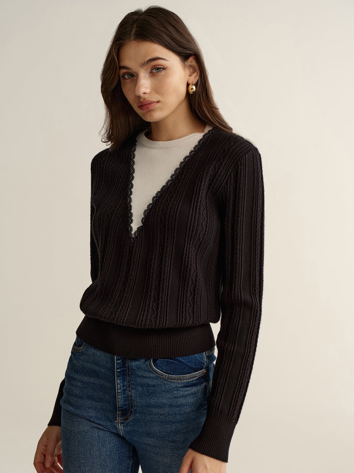 Women's 2 in 1 Lace Trim Two-Tone Sweater in Black