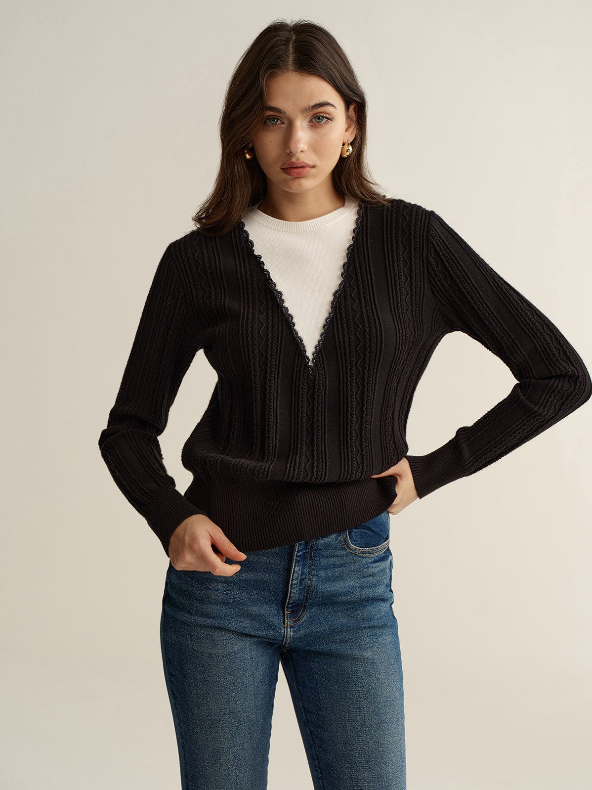 Women's 2 in 1 Lace Trim Two-Tone Sweater — close-up