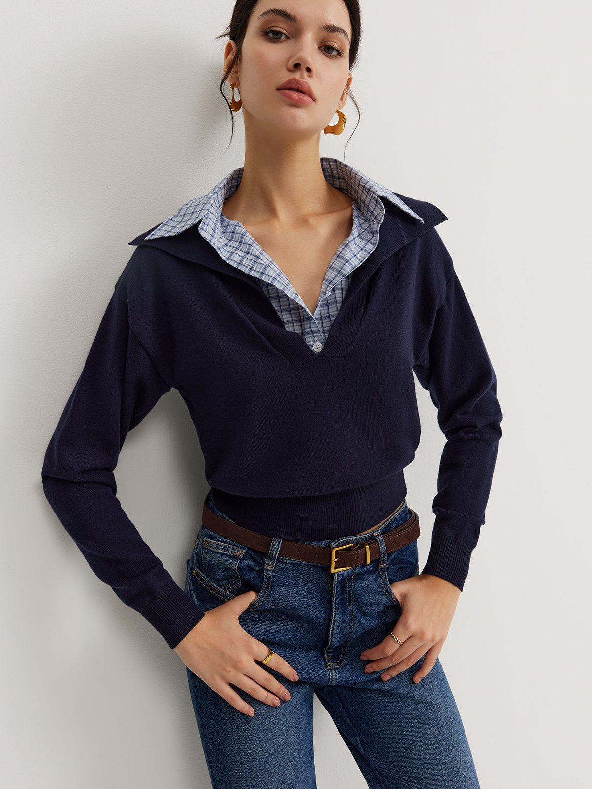 Women's 2 in 1 Leisure Lapel Knit Top in Blue
