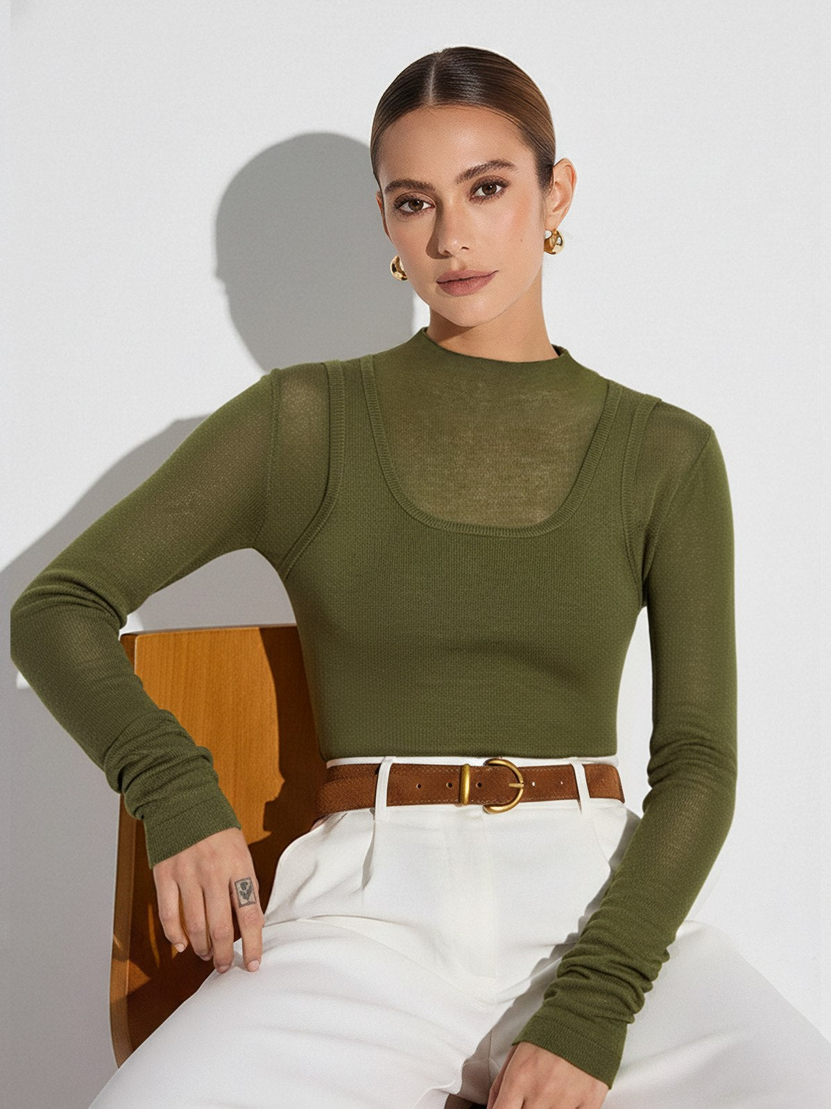 Women's 2 in 1 Long Sleeve Knit Top in Green