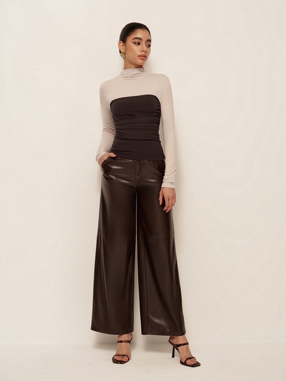 Women's 2 in 1 Mock Neck Color Block Jersey Top — close-up