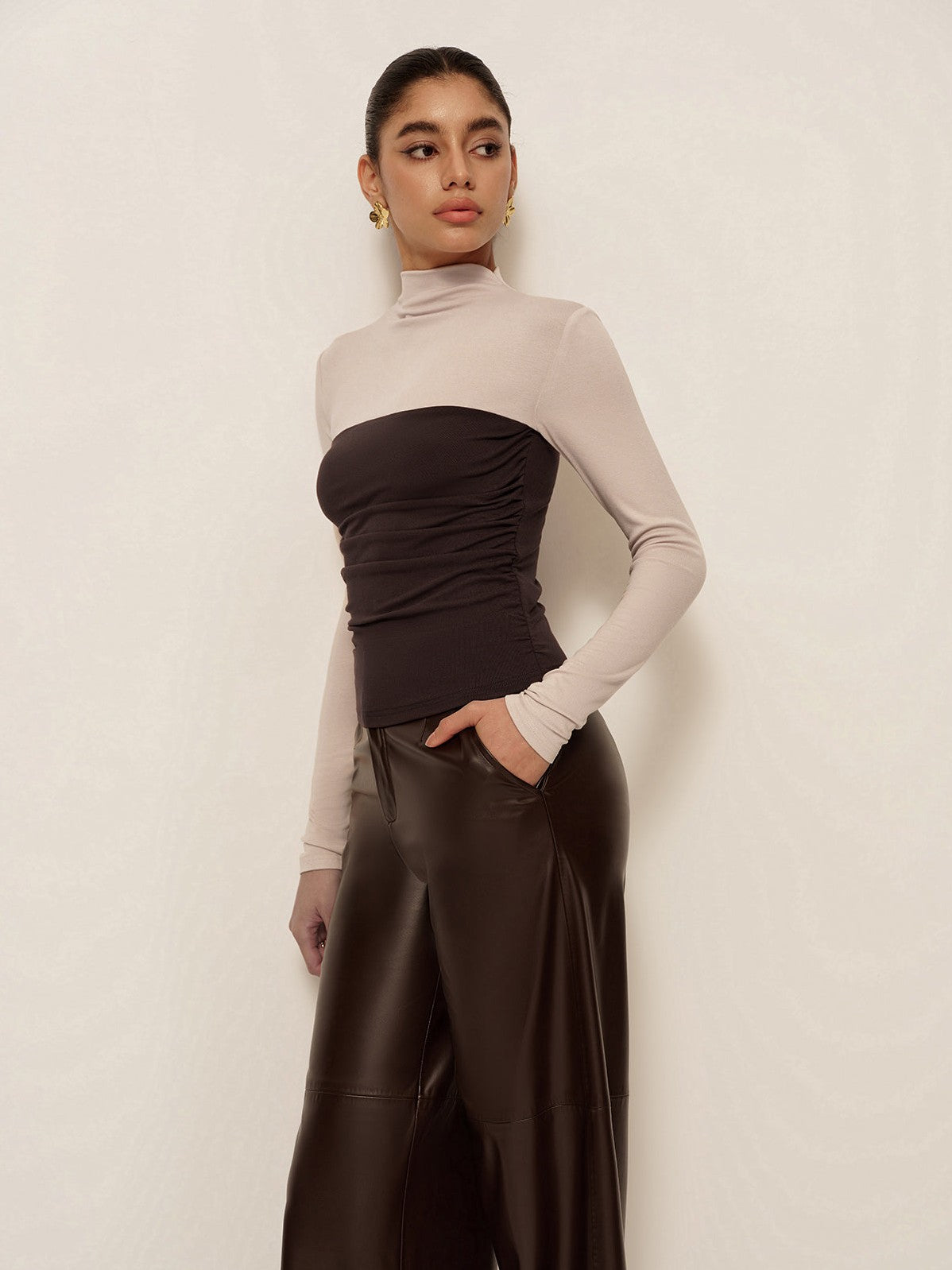 Women's 2 in 1 Mock Neck Color Block Jersey Top — full view