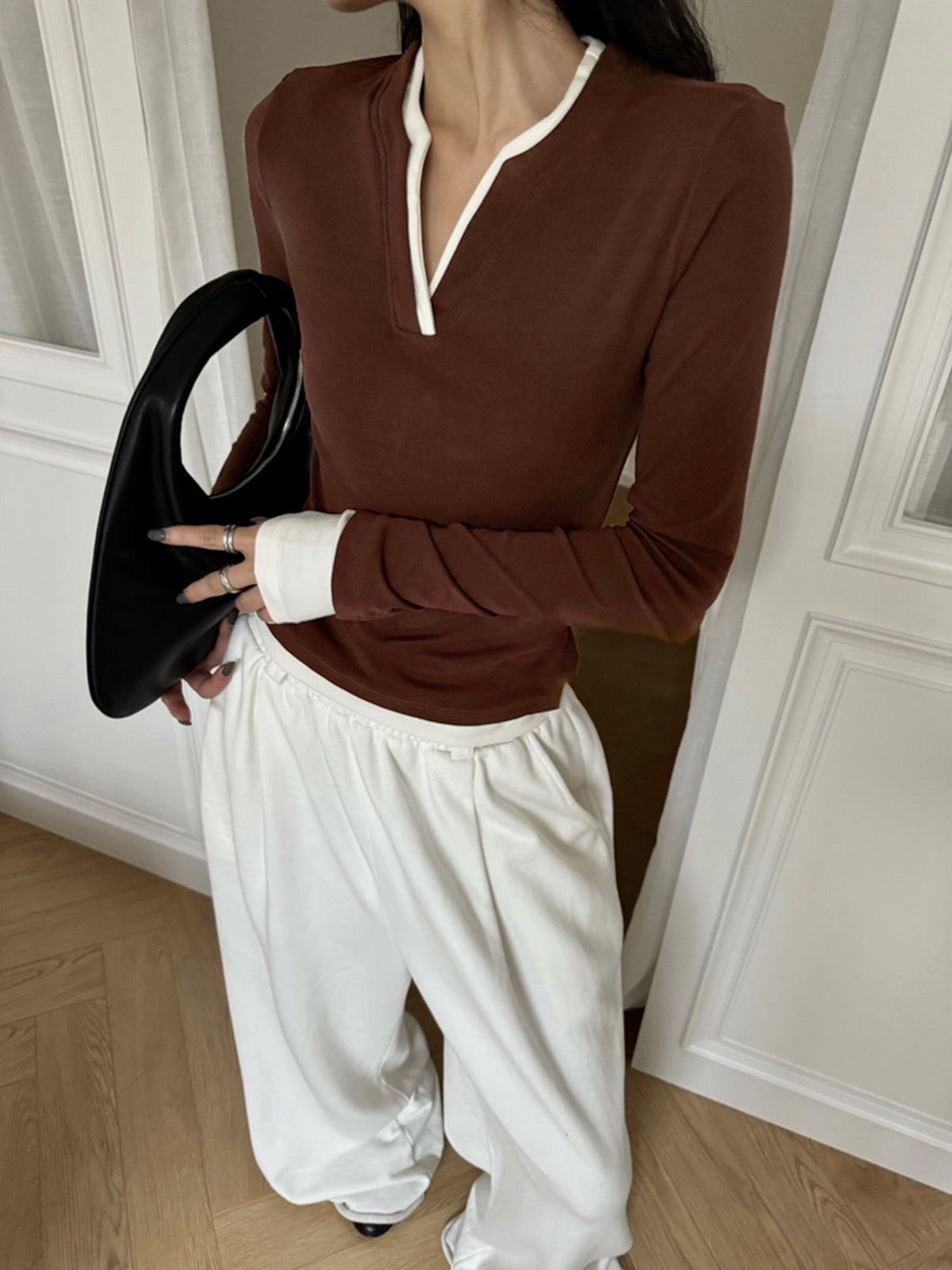 Women's 2 in 1 V-Neck Contrast Trim Jersey Top — detail