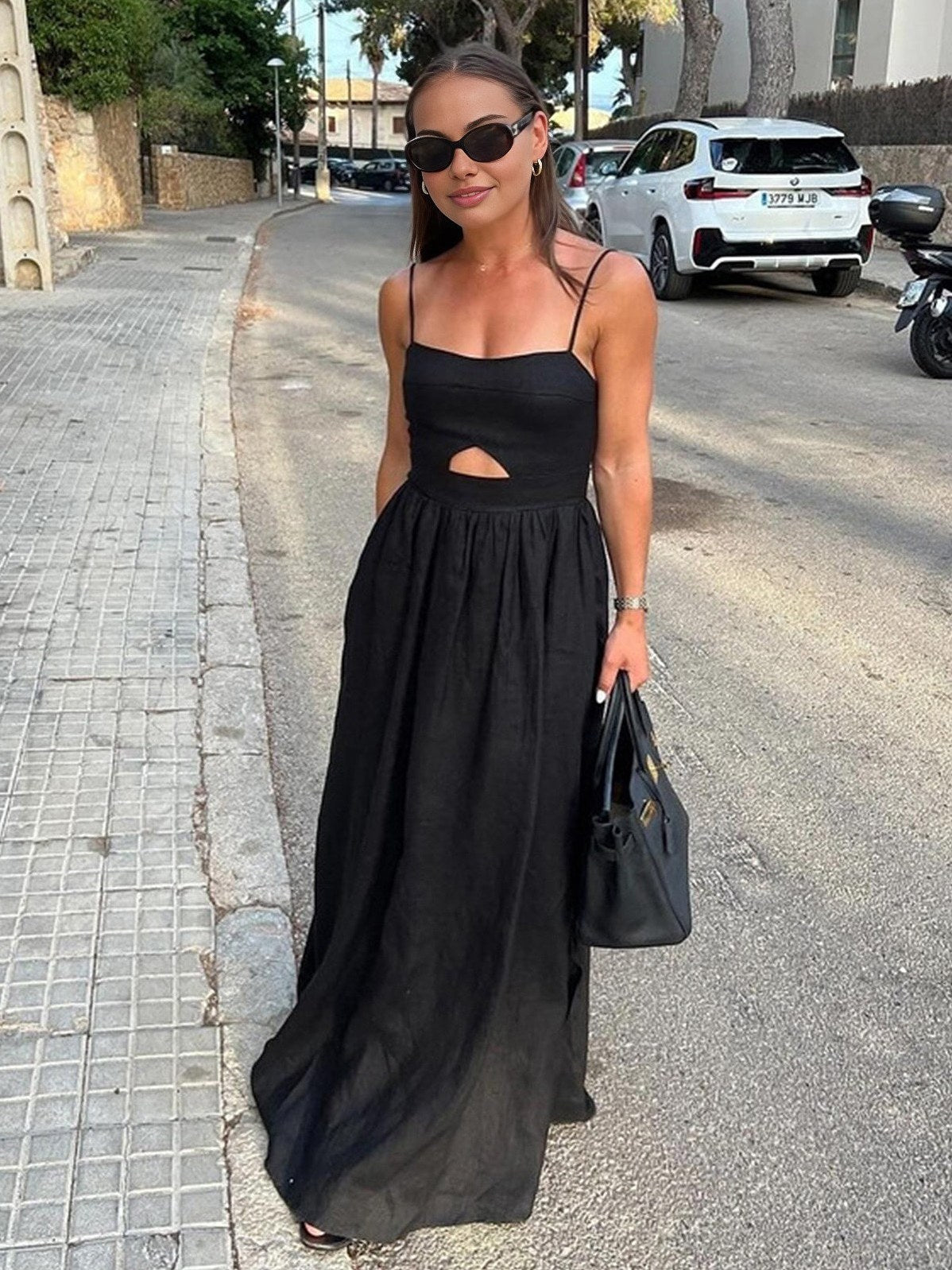 Women's Cotton Sleeveless Pockets Cutout Long Dress — detail