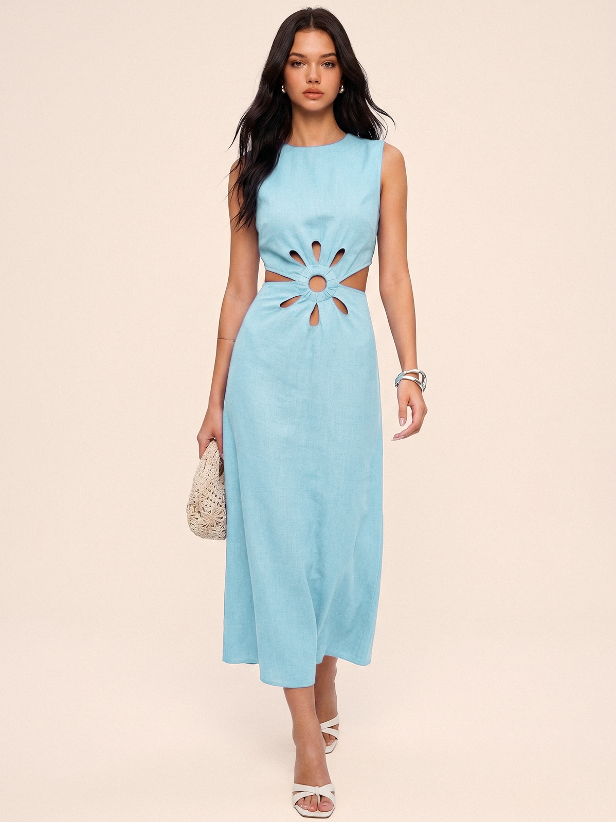 Women's Cutout Waist Sleeveless Maxi Dress in LightBlue
