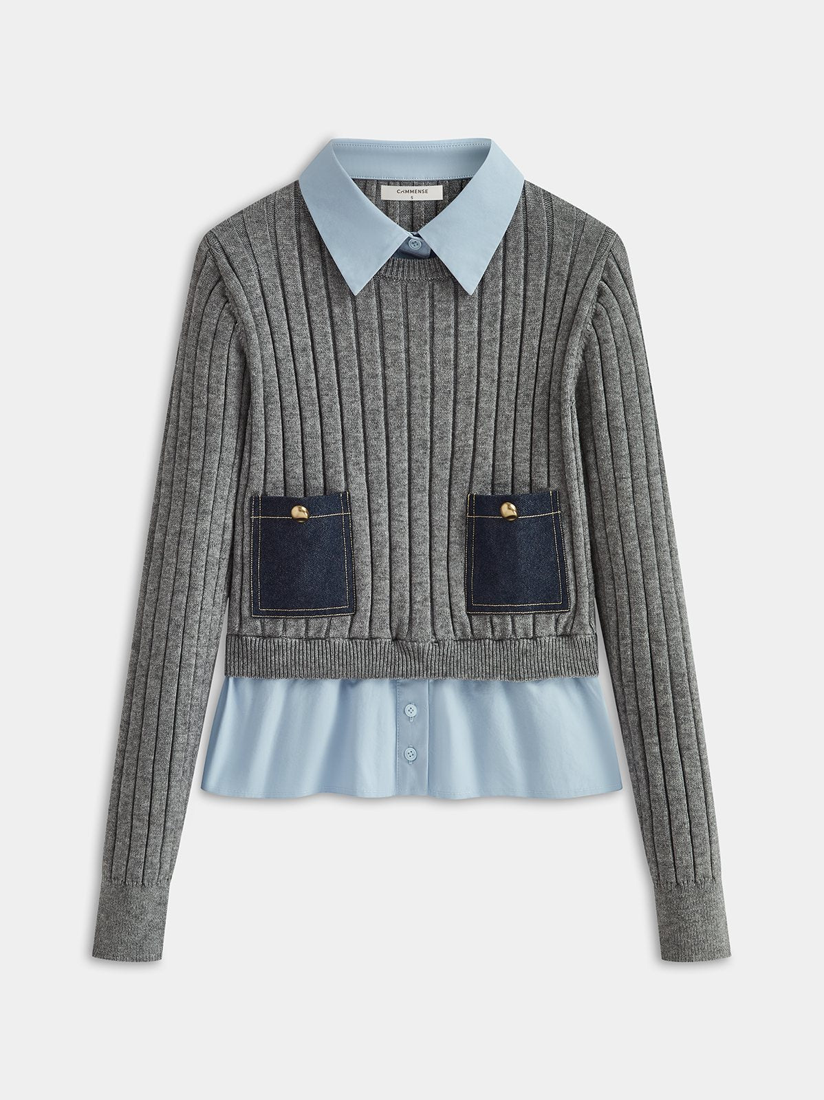 Women's 2 in 1 Denim Pocket Collared Rib-Knit Top in Grey