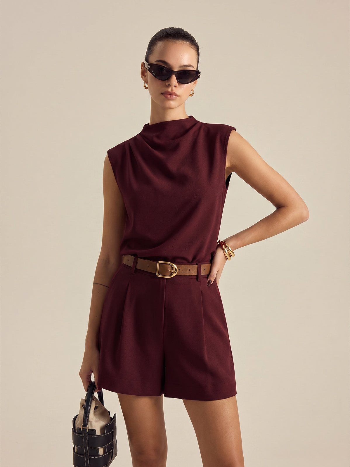 Women's Draped Sleeveless Top & Belted Shorts Set in Burgundy