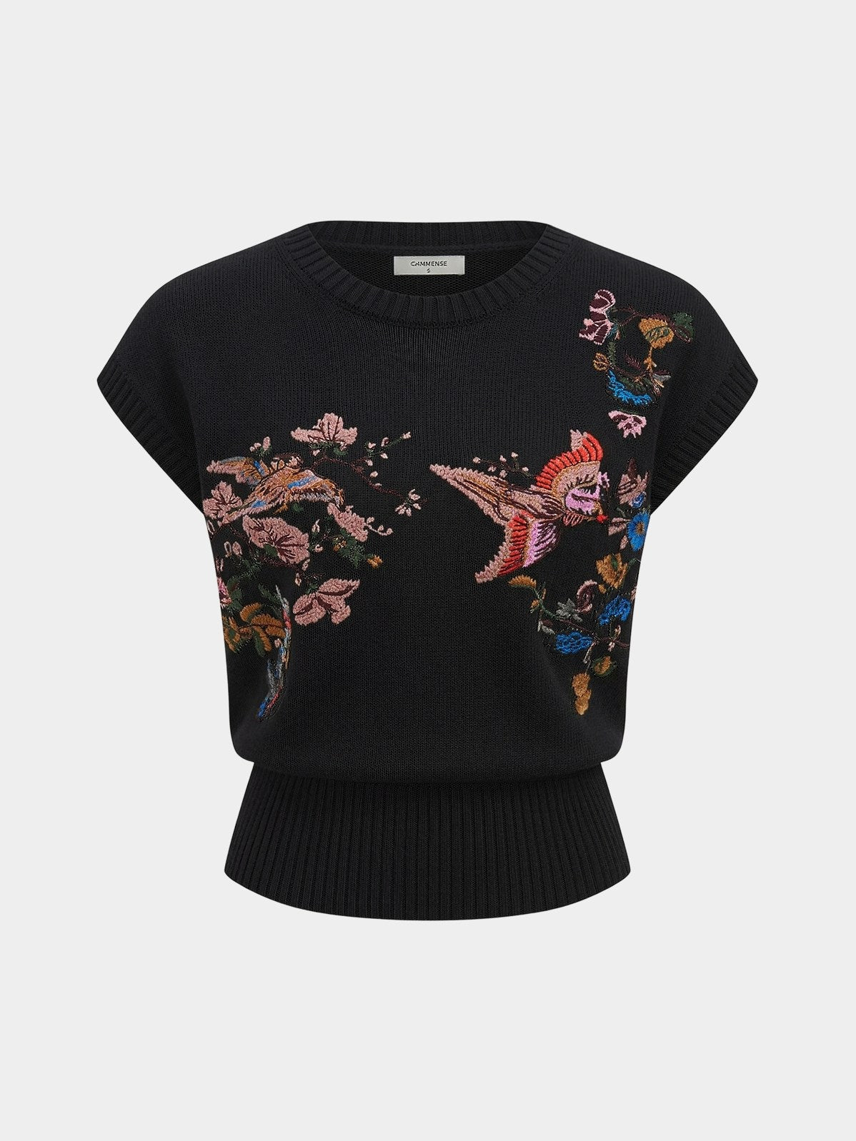 Women's Embroidered Floral Bird Knit Vest in Black