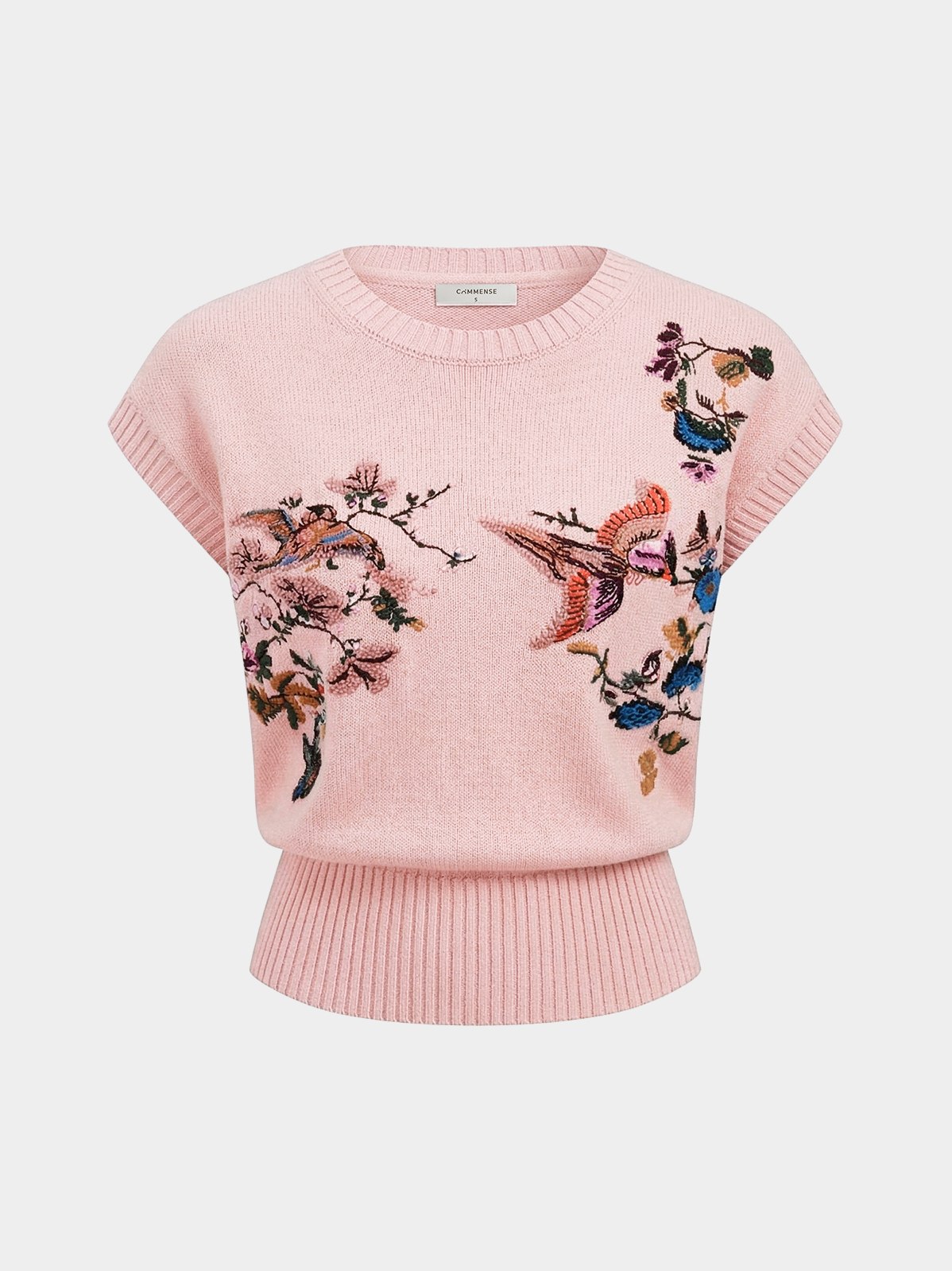 Women's Embroidered Floral Bird Knit Vest in Pink
