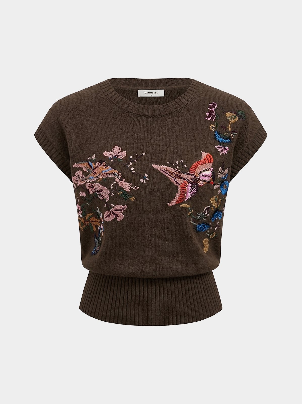 Women's Embroidered Floral Bird Knit Vest in Brown