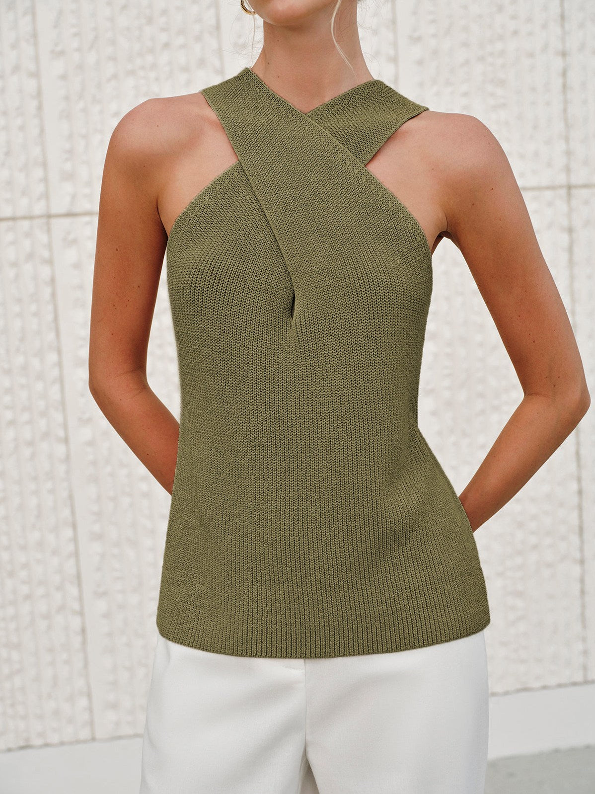 Women's Halter Cross-Over Collar Tank Top — fabric texture