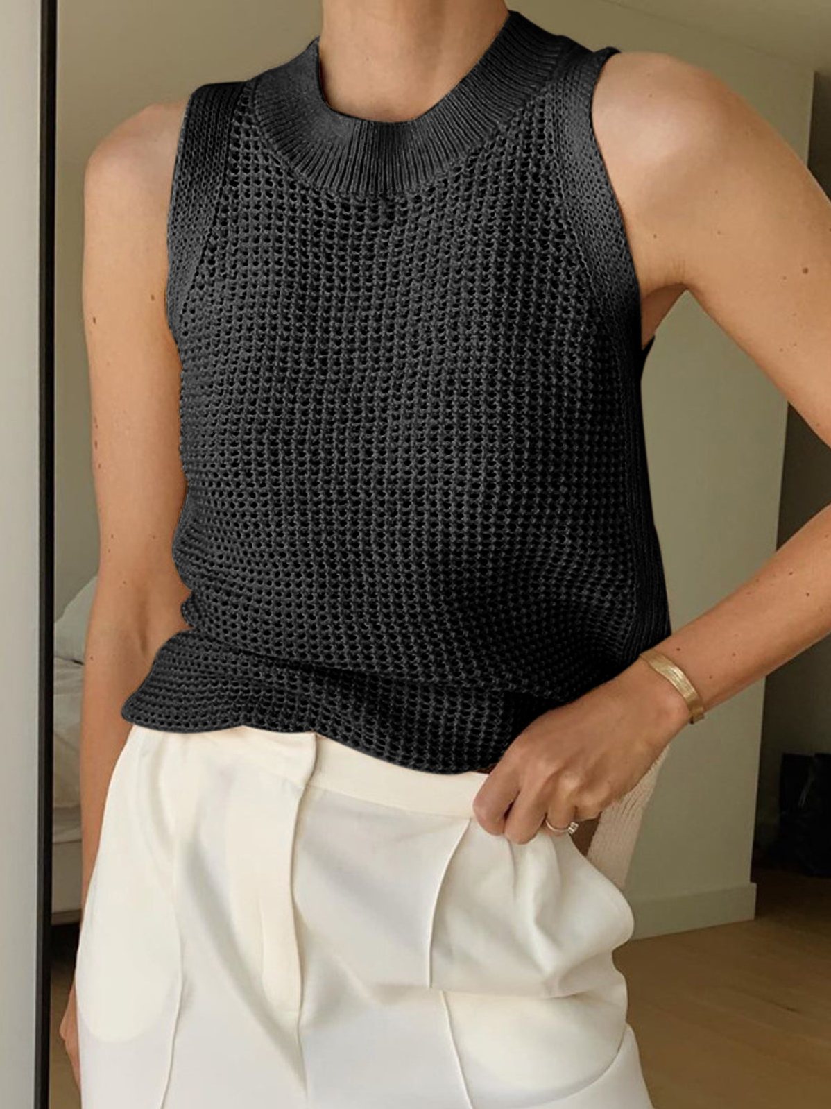 Women's Knit Hollow Solid Tank Top in Black