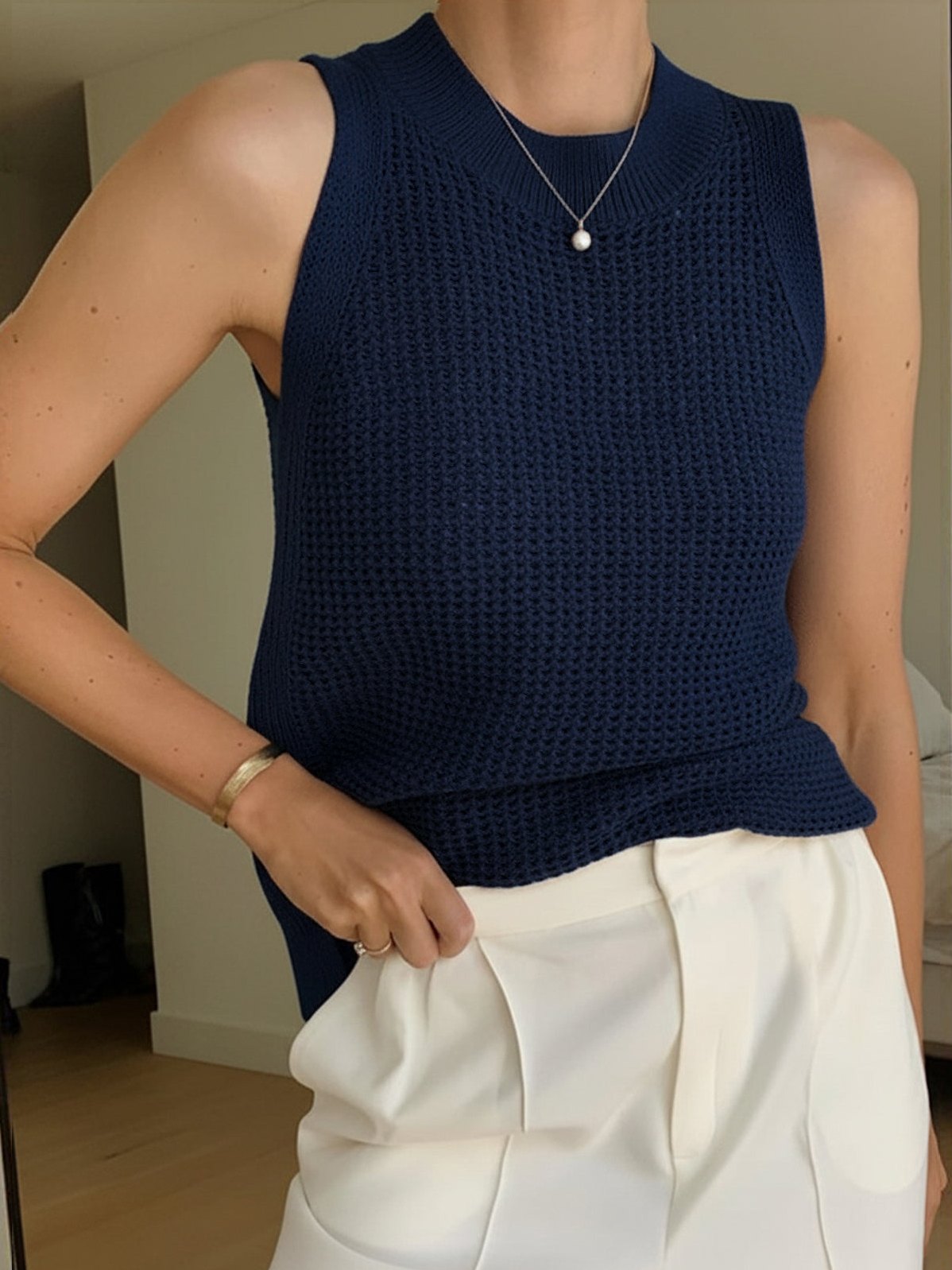 Women's Knit Hollow Solid Tank Top in Dark Navy