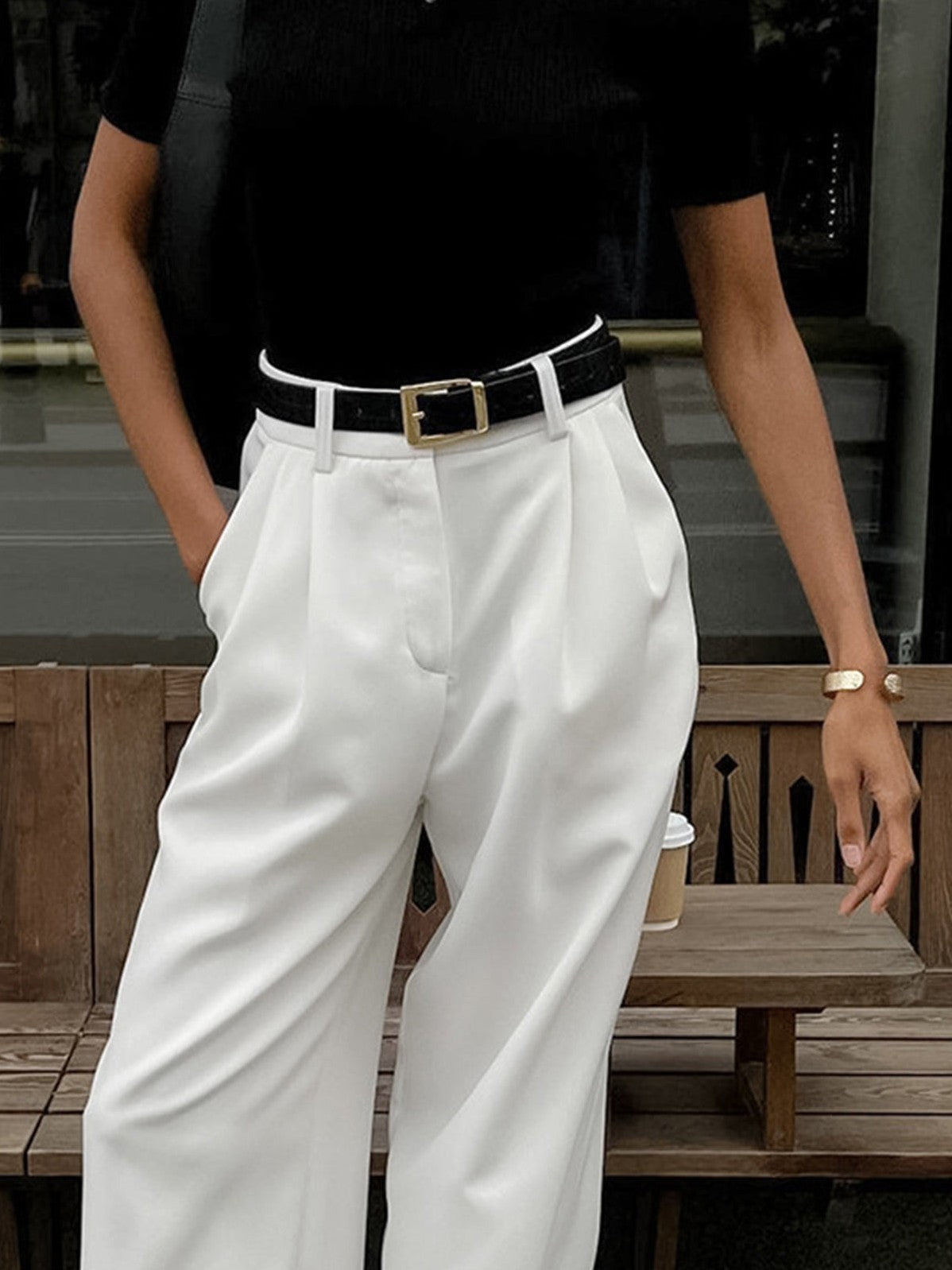 Women's Solid Wide Leg Pants Without Belt — close-up