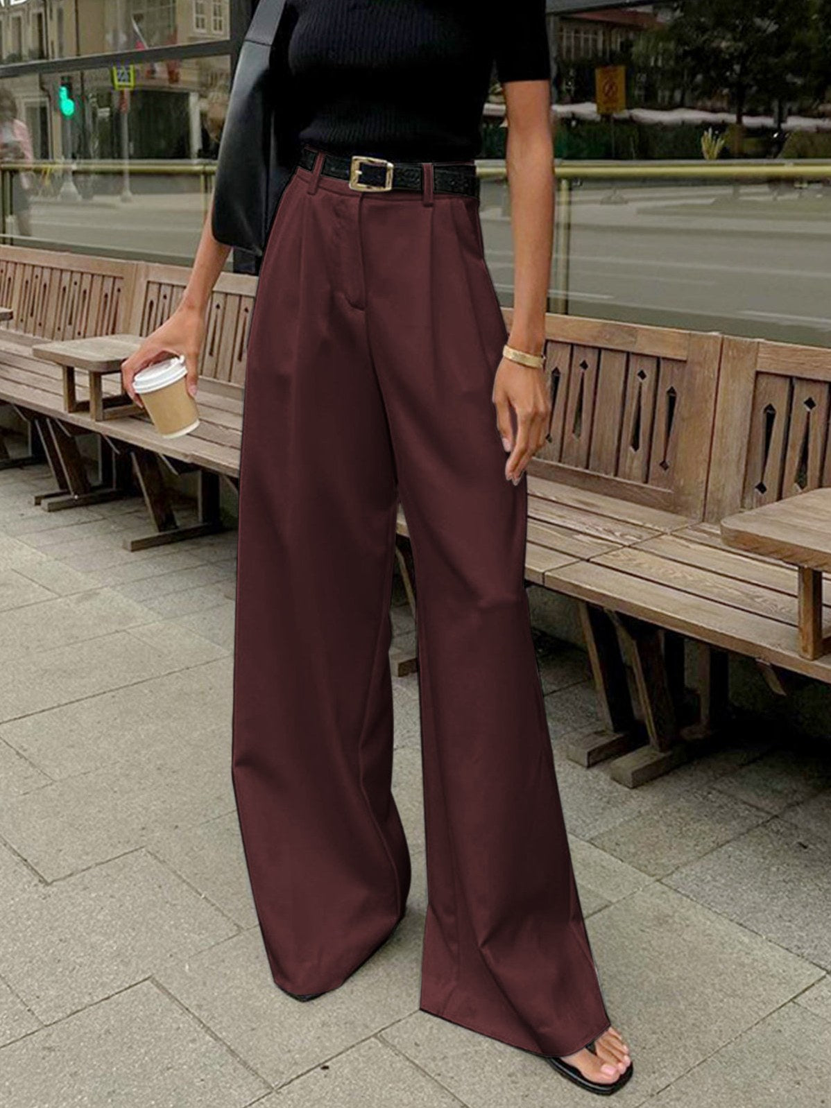 Women's Solid Wide Leg Pants Without Belt in Burgundy