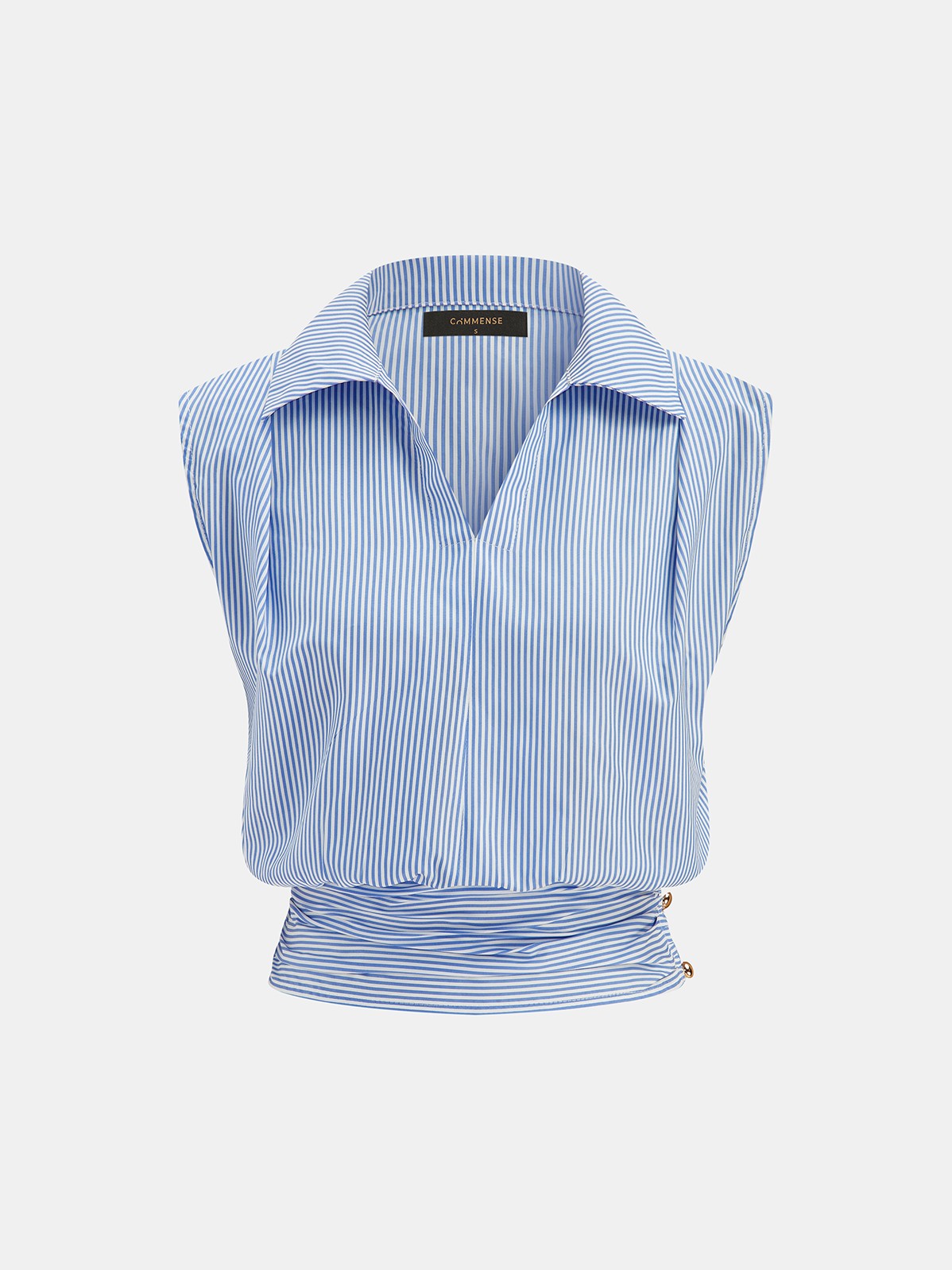 Women's Striped Collared Sleeveless Cinched Blouse in LightBlue