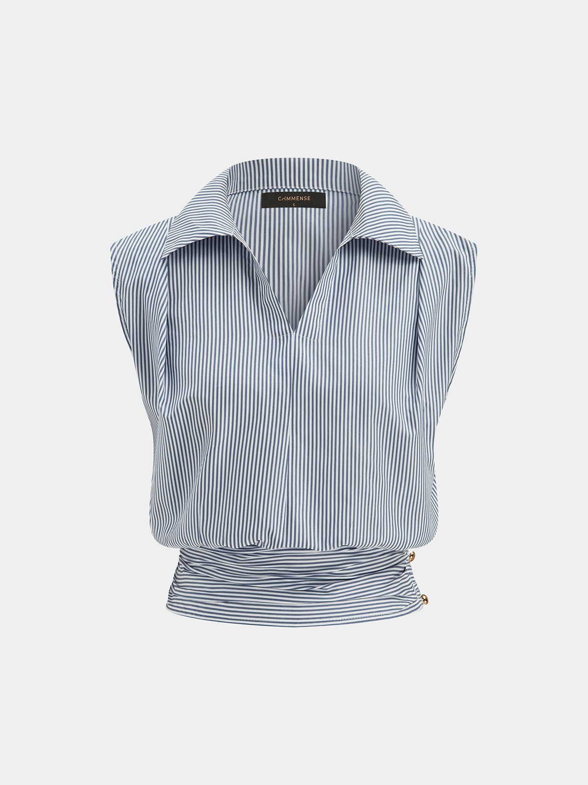 Women's Striped Collared Sleeveless Cinched Blouse in Blue