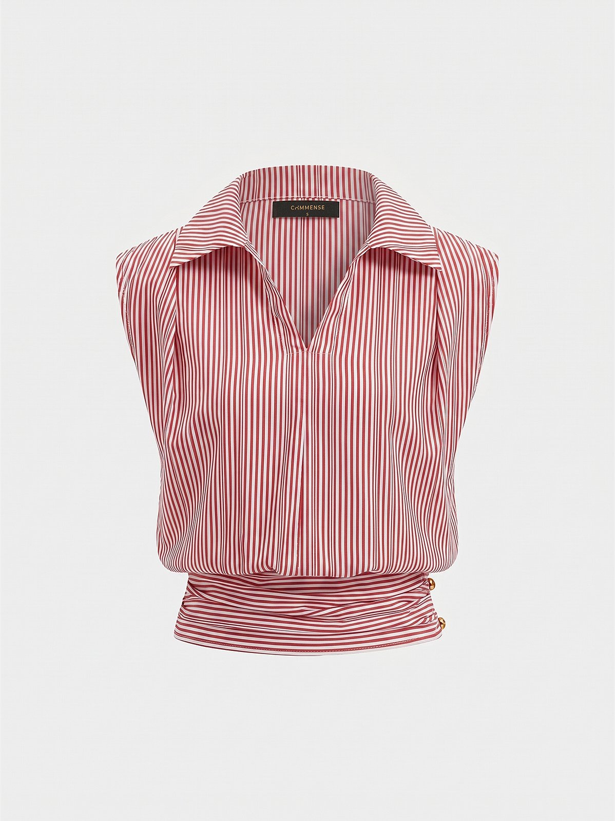 Women's Striped Collared Sleeveless Cinched Blouse in Red