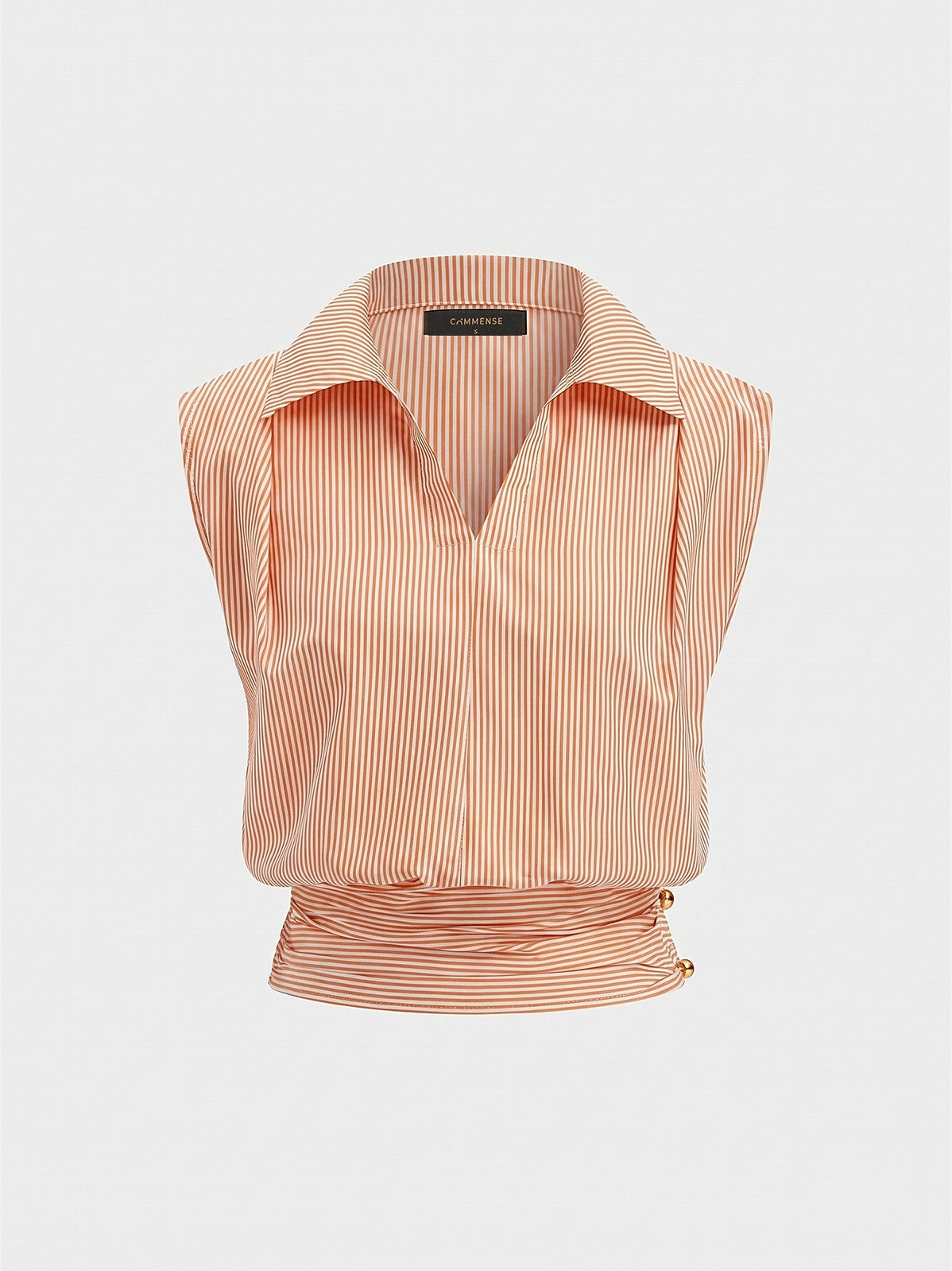 Women's Striped Collared Sleeveless Cinched Blouse in Orange