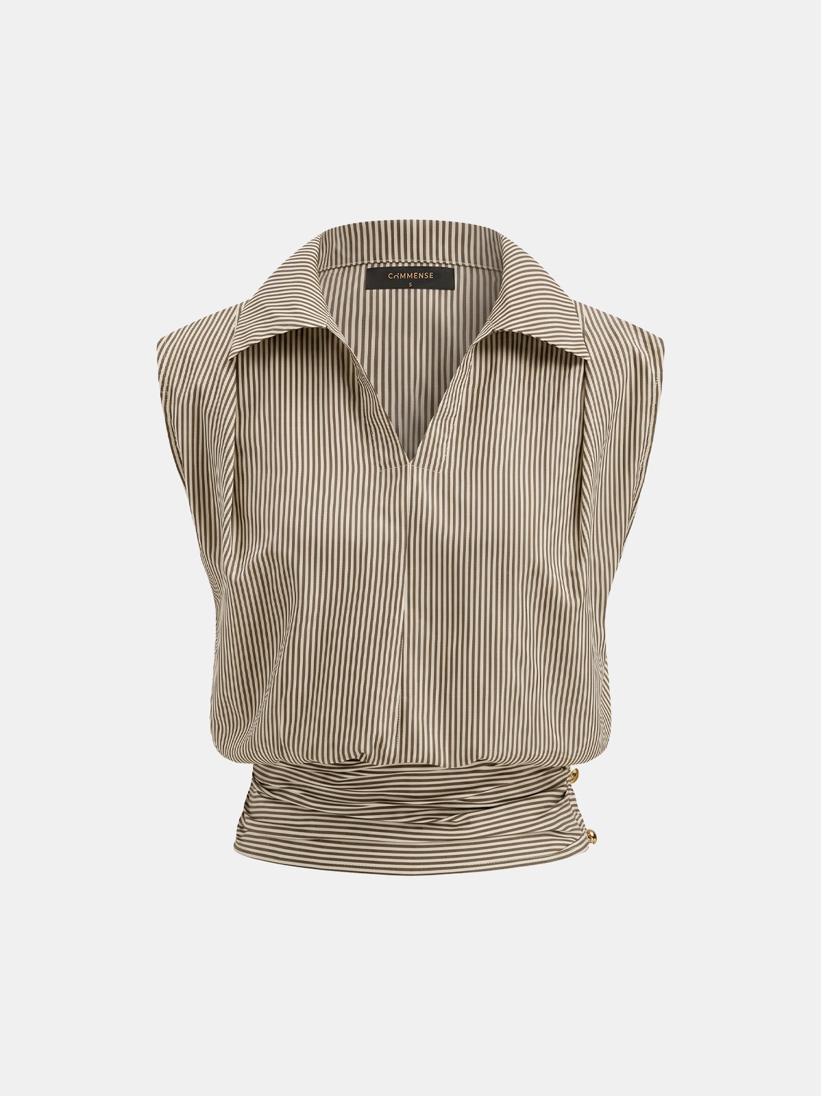 Women's Striped Collared Sleeveless Cinched Blouse in Khaki