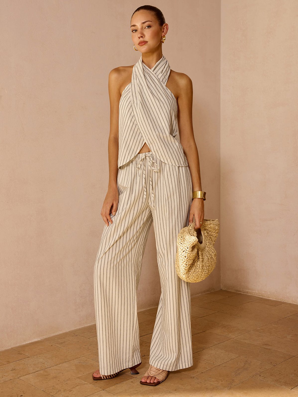Women's Striped Cotton Linen Halter Top & Pant Set in Off-White