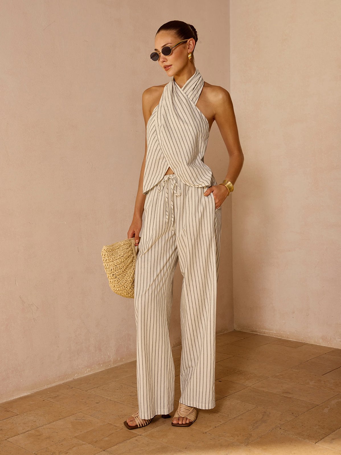 Women's Striped Cotton Linen Halter Top & Pant Set — close-up