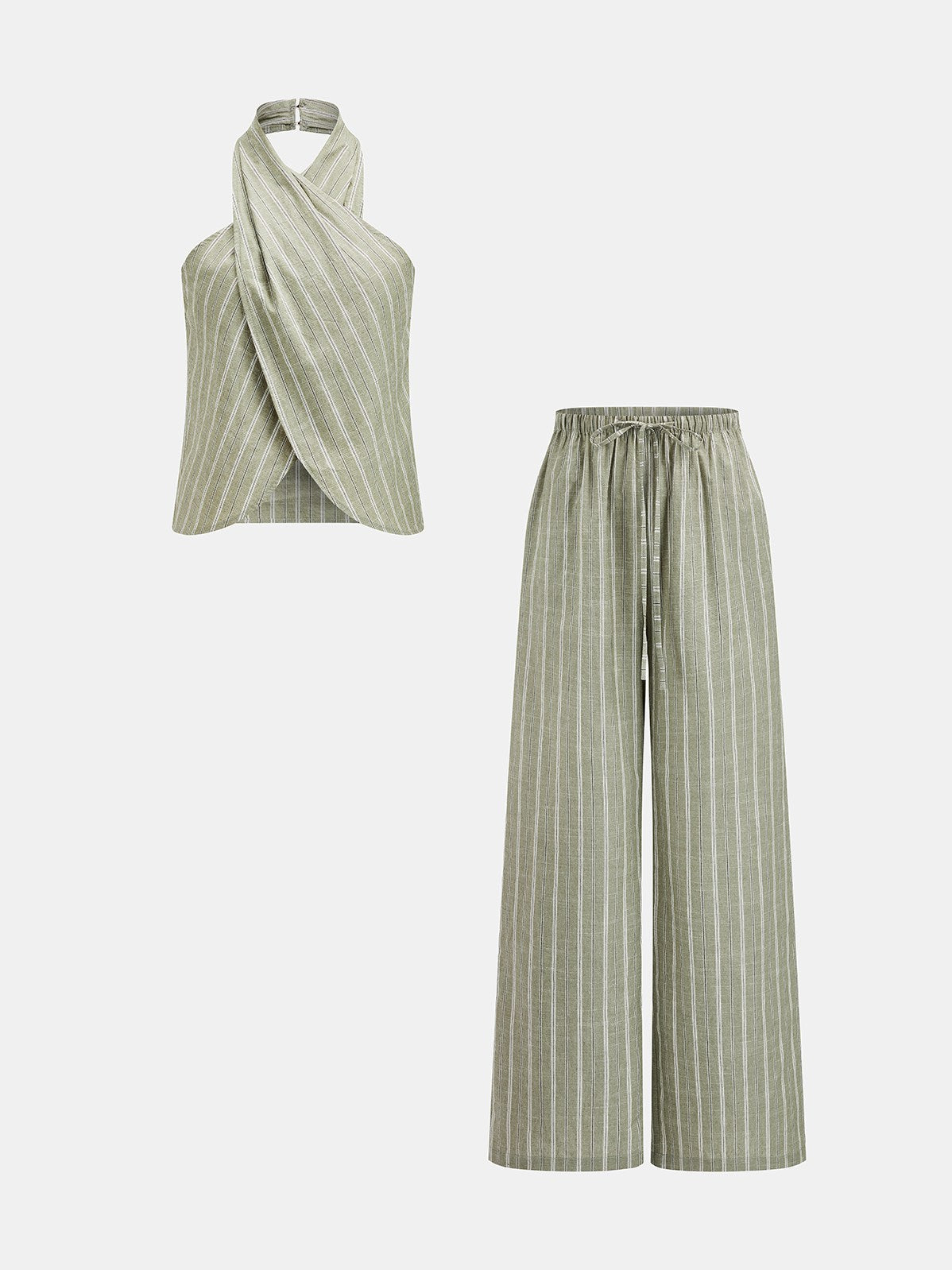 Women's Striped Cotton Linen Halter Top & Pant Set in Olive