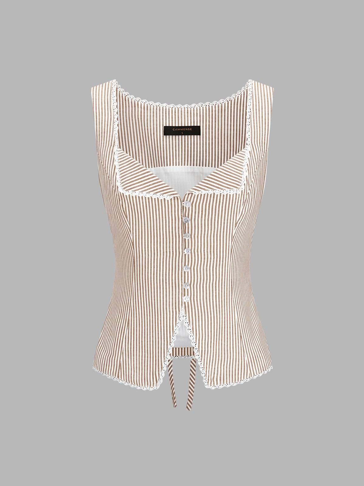 Women's Striped Lace Trim Button-Front Tank Top in Khaki