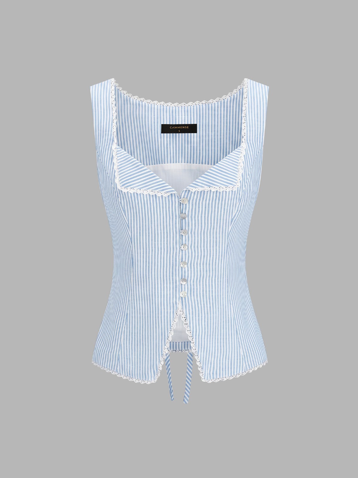 Women's Striped Lace Trim Button-Front Tank Top in Aqua