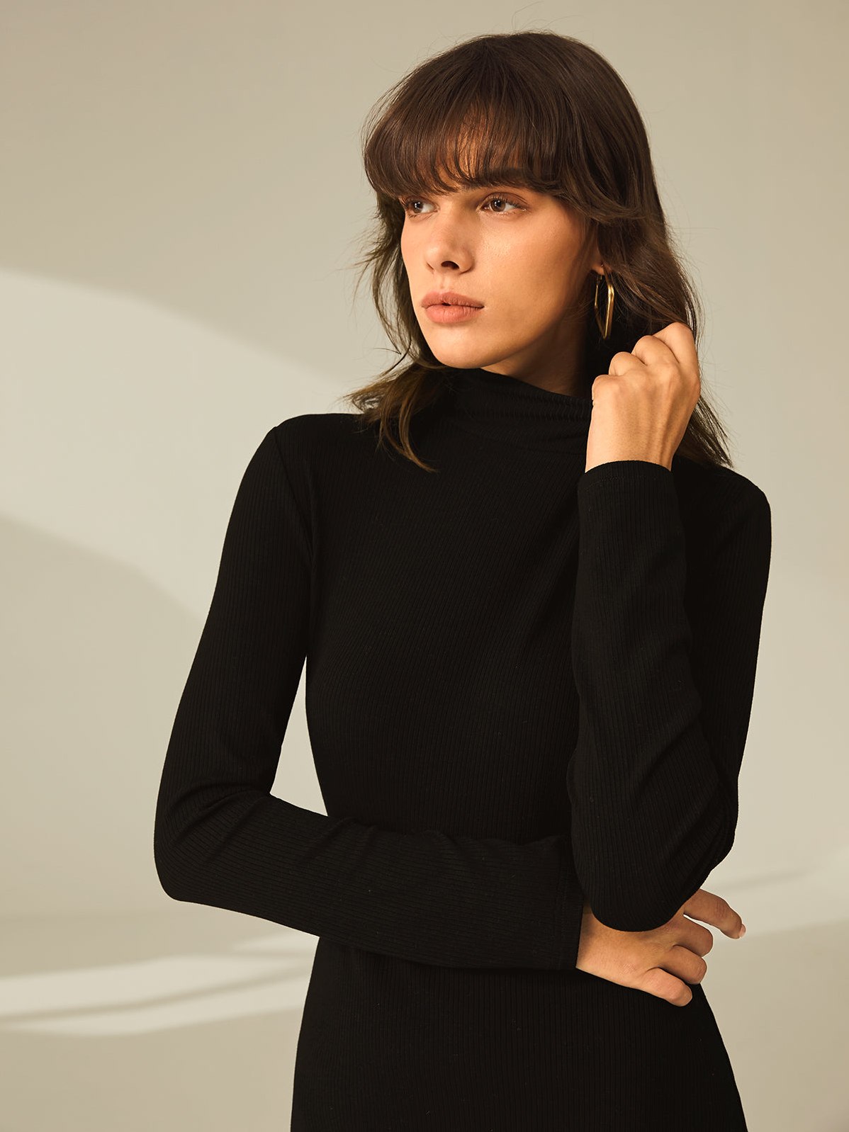 Women's Turtleneck Long Sleeve Mini Dress with Slit and Ribbed Paneling — close-up