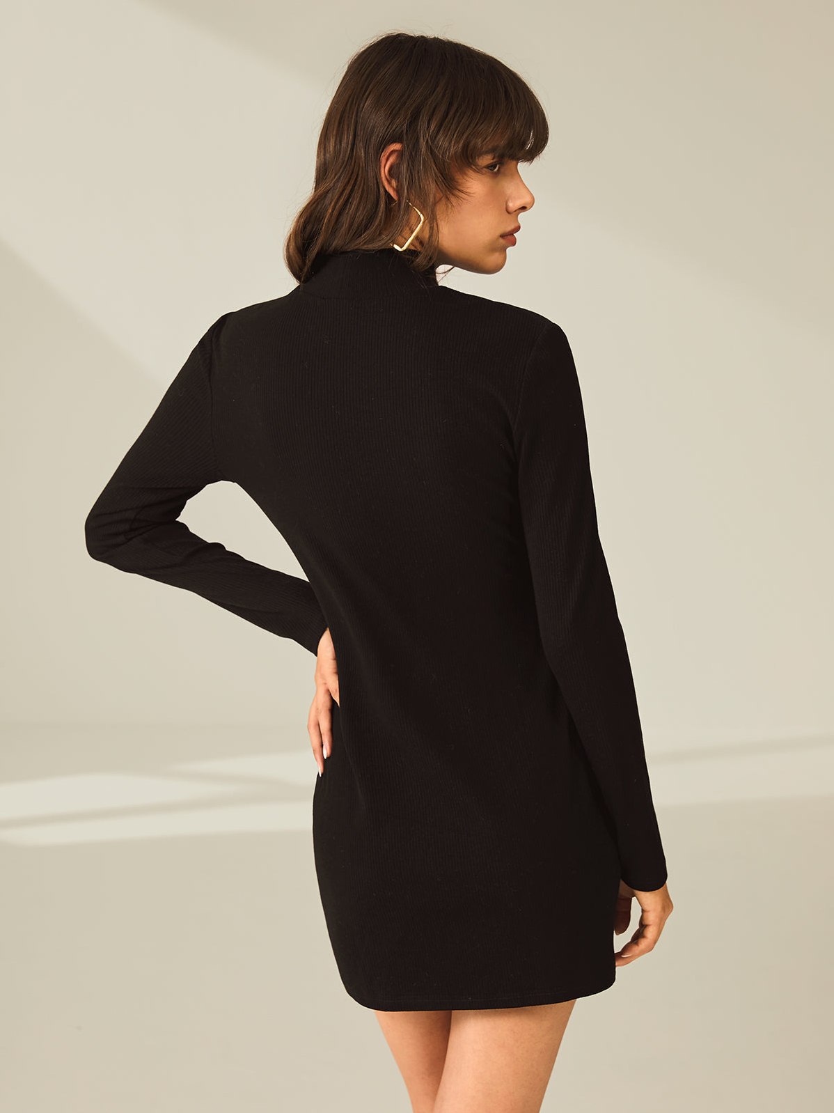 Women's Turtleneck Long Sleeve Mini Dress with Slit and Ribbed Paneling — full view