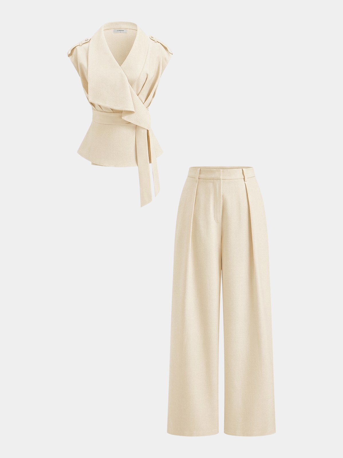 Women's Wrap Front Fitted Top & Pleated Pants Set in Off-White