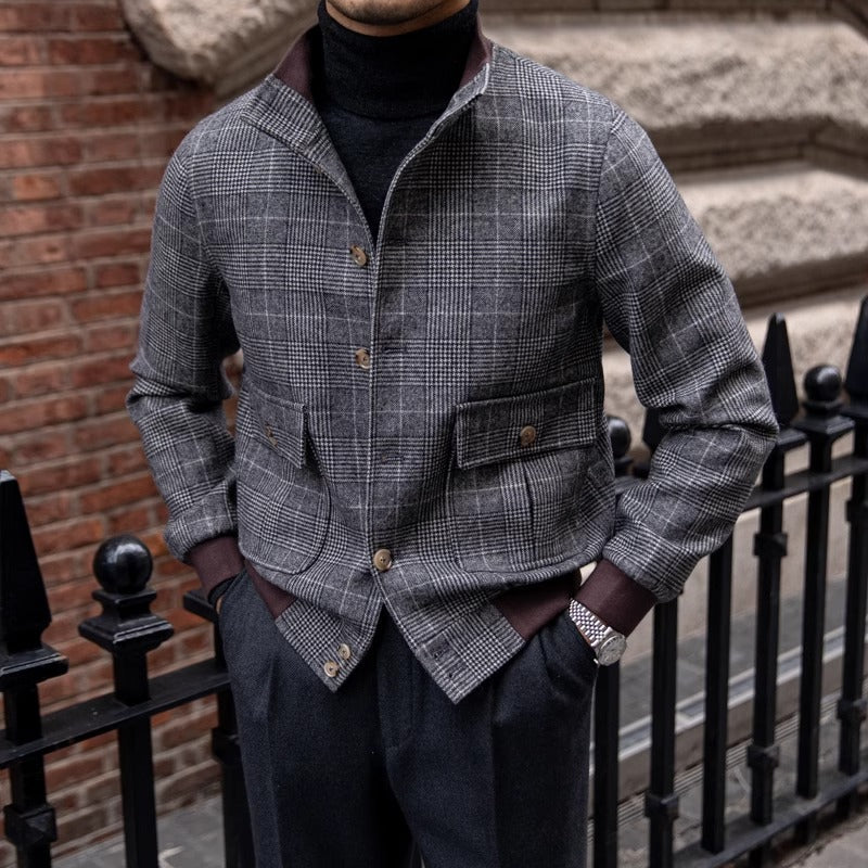 Veste Bomber Boutonnée en Mélange Laine Prince de Galles