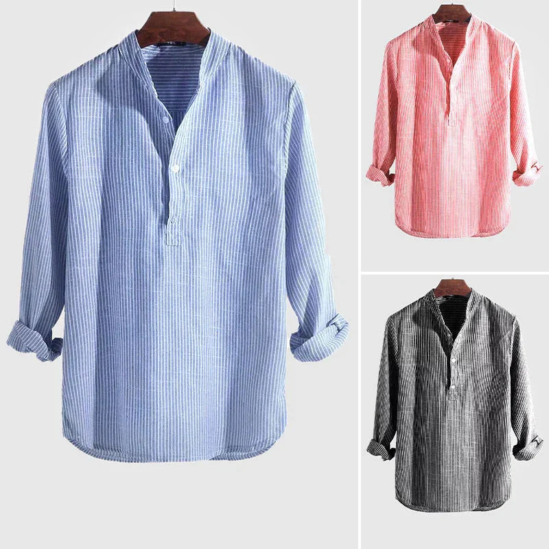 Herren Langarm Henley Hemd Baumwolle Leinen Mischung Gestreift