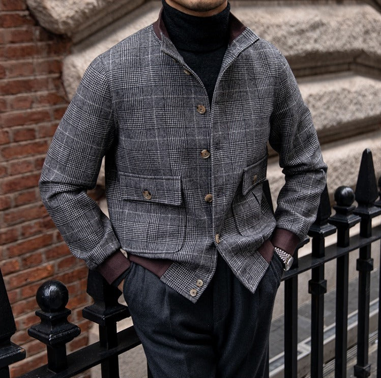 Veste Bomber Boutonnée en Mélange Laine Prince de Galles