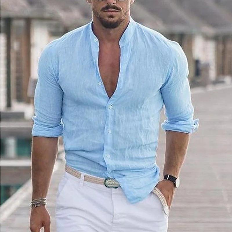 Chemise décontractée pour homme à manches longues couleur unie