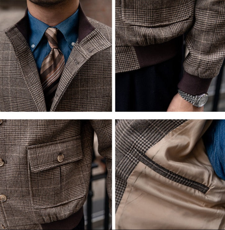 Veste Bomber Boutonnée en Mélange Laine Prince de Galles