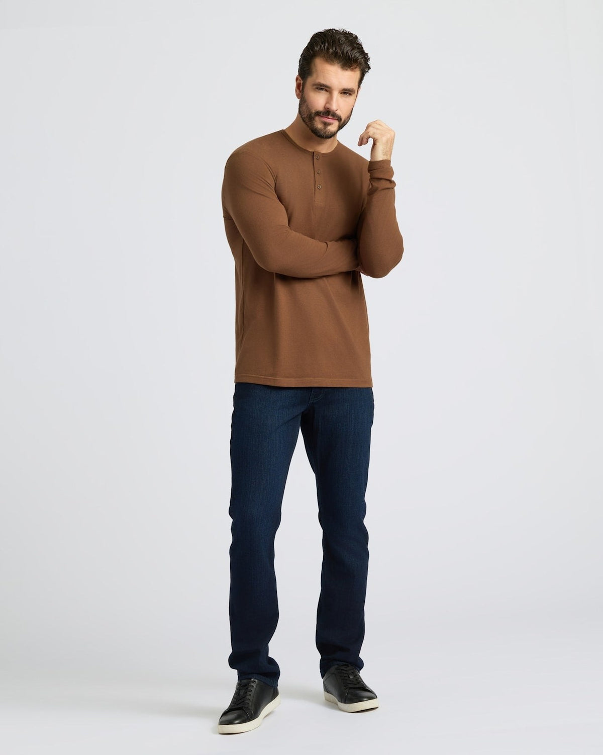 Men's Ultra Comfortable Long Sleeve Henley in Sepia Brown — full look
