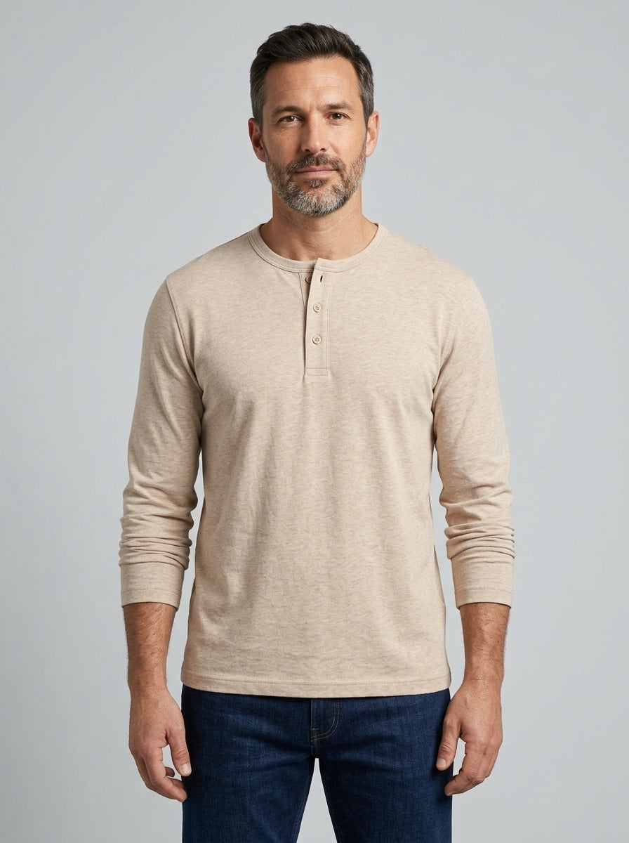 Brera long sleeve henley in Heather Camel — on model