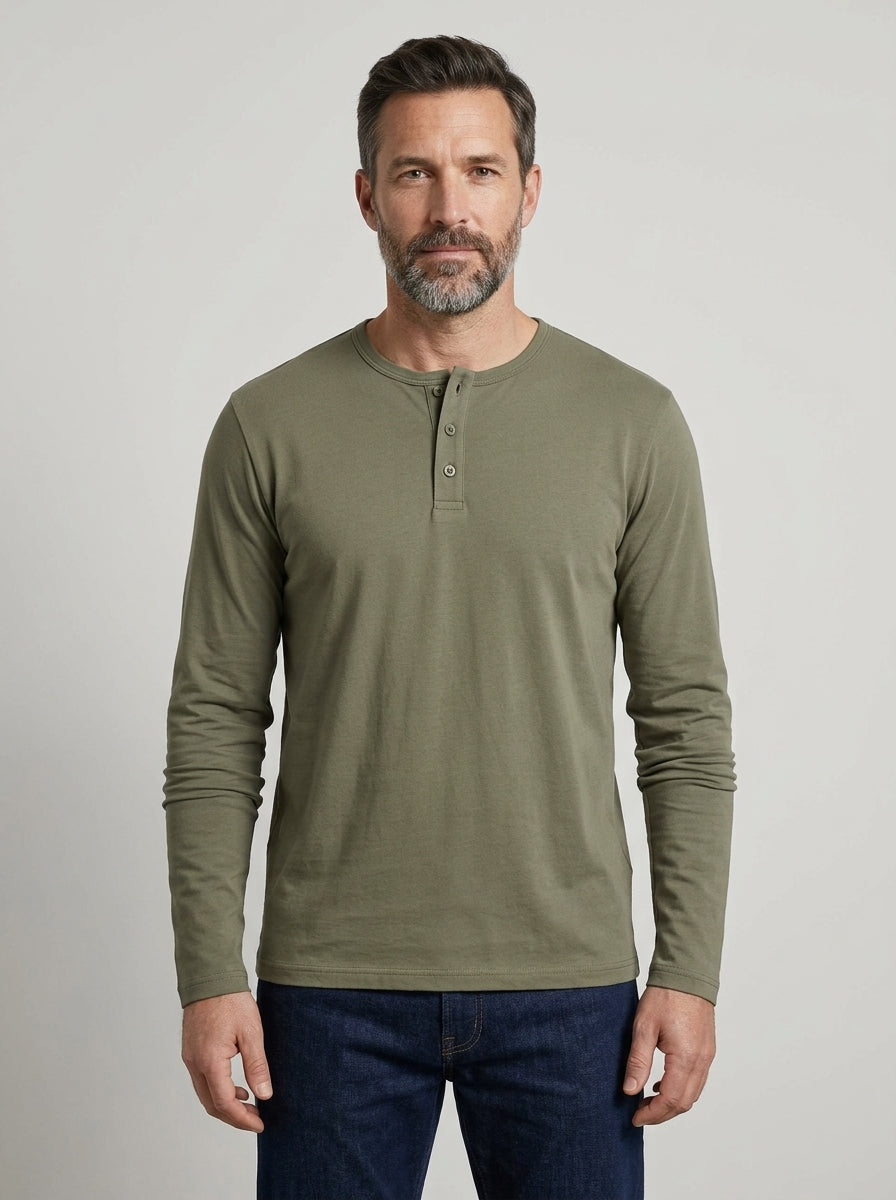 Brera long sleeve henley in Military Olive — on model