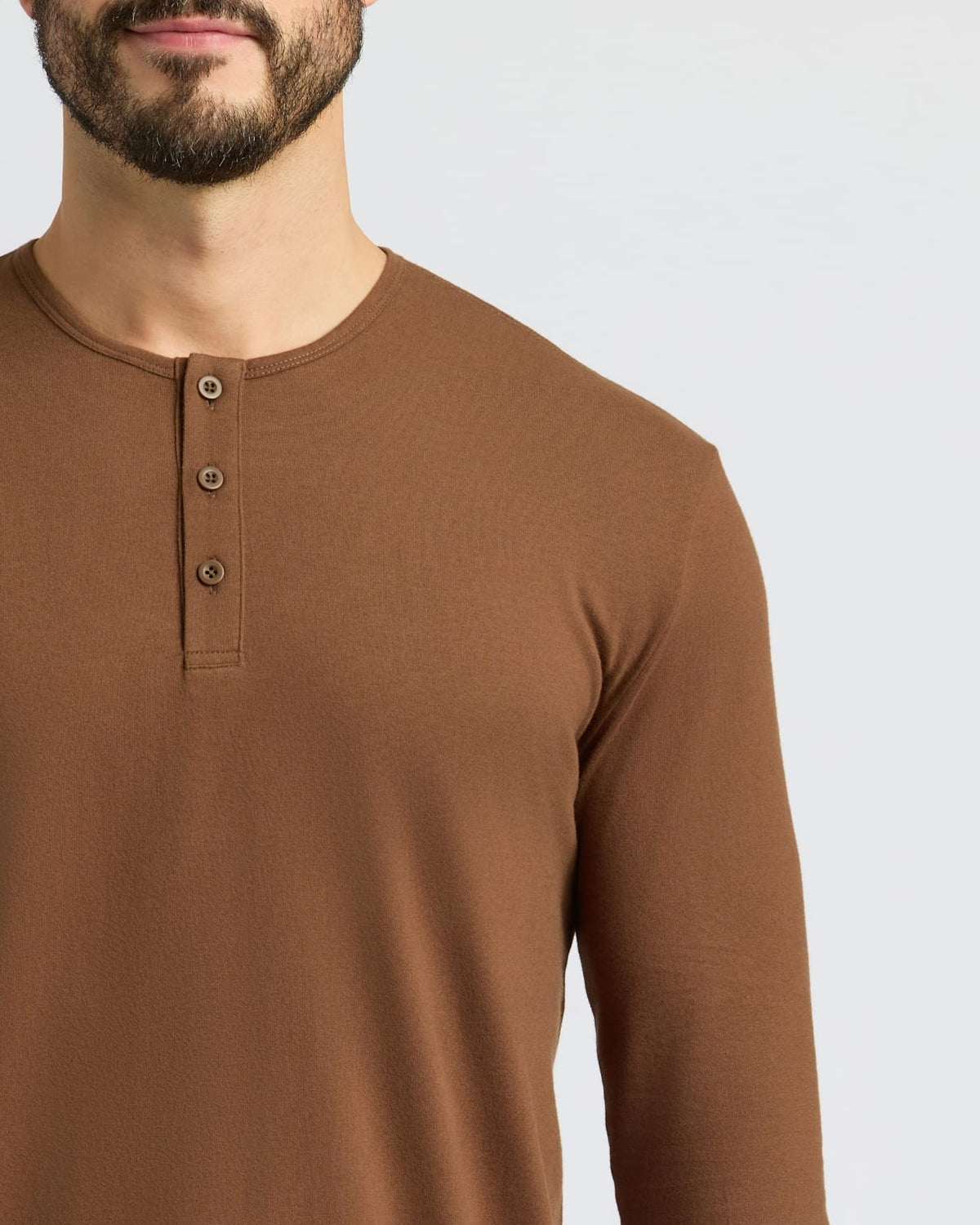 Brera long sleeve henley in Sepia Brown — three-button placket
