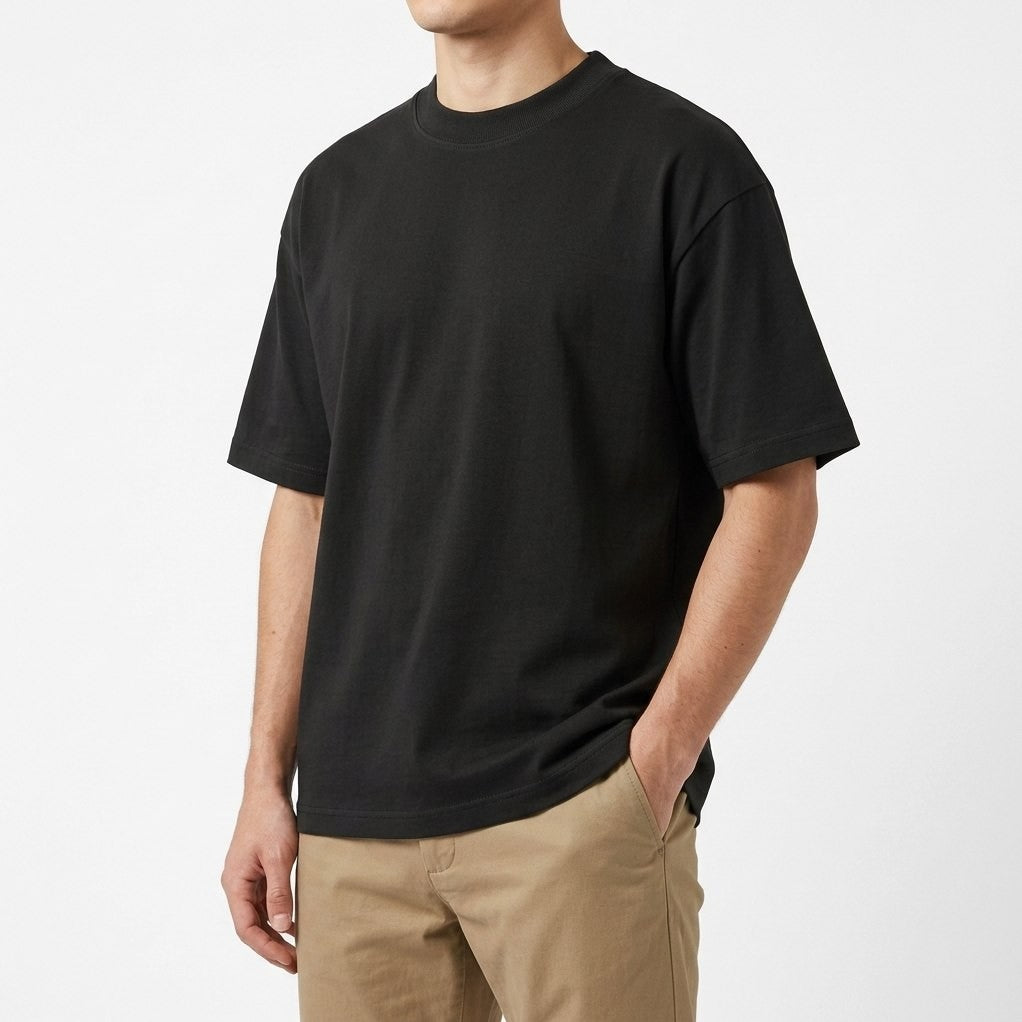 Cascais cotton T-shirt in Espresso Black, worn with khaki chinos