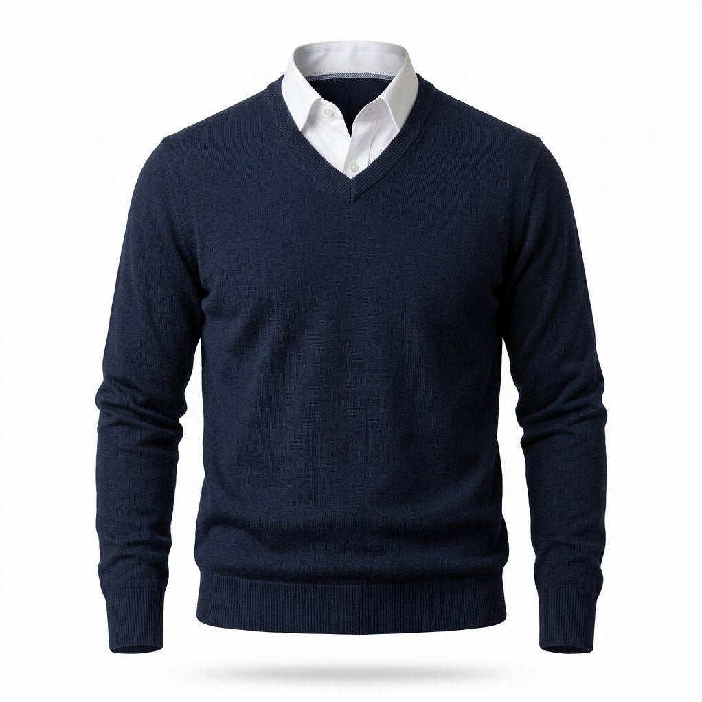Men's Cashmere V-Neck Sweater in Dark Blue, front view on a white background