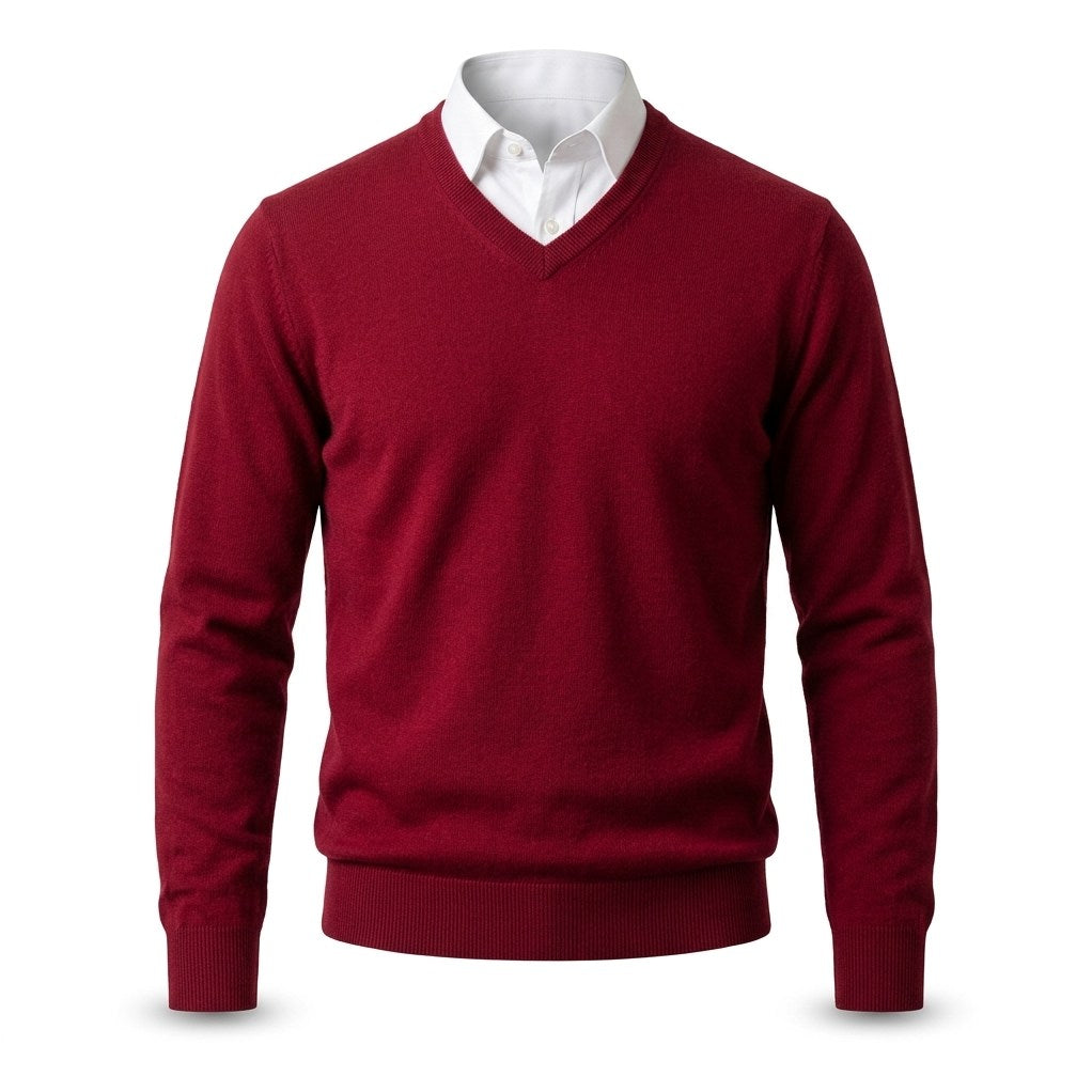 Men's Cashmere V-Neck Sweater in Red, front view on a white background