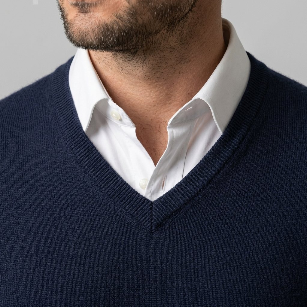 Close-up of the ribbed V-neck of the Men's Cashmere V-Neck Sweater in Dark Blue over a white shirt collar