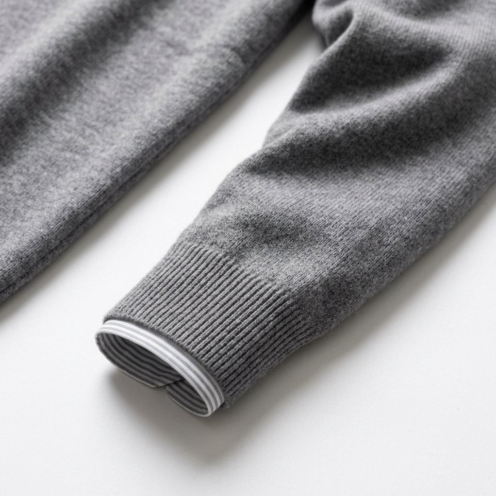 Close-up of the fine knit sleeve and ribbed cuff of the Men's Cashmere V-Neck Sweater in Grey
