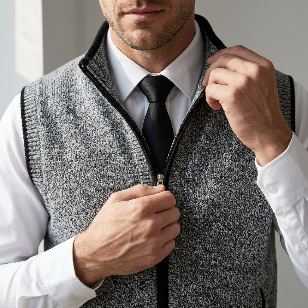 Man zipping up the Elegant Full-Zip Sweater Vest in Gray over a white shirt and black tie