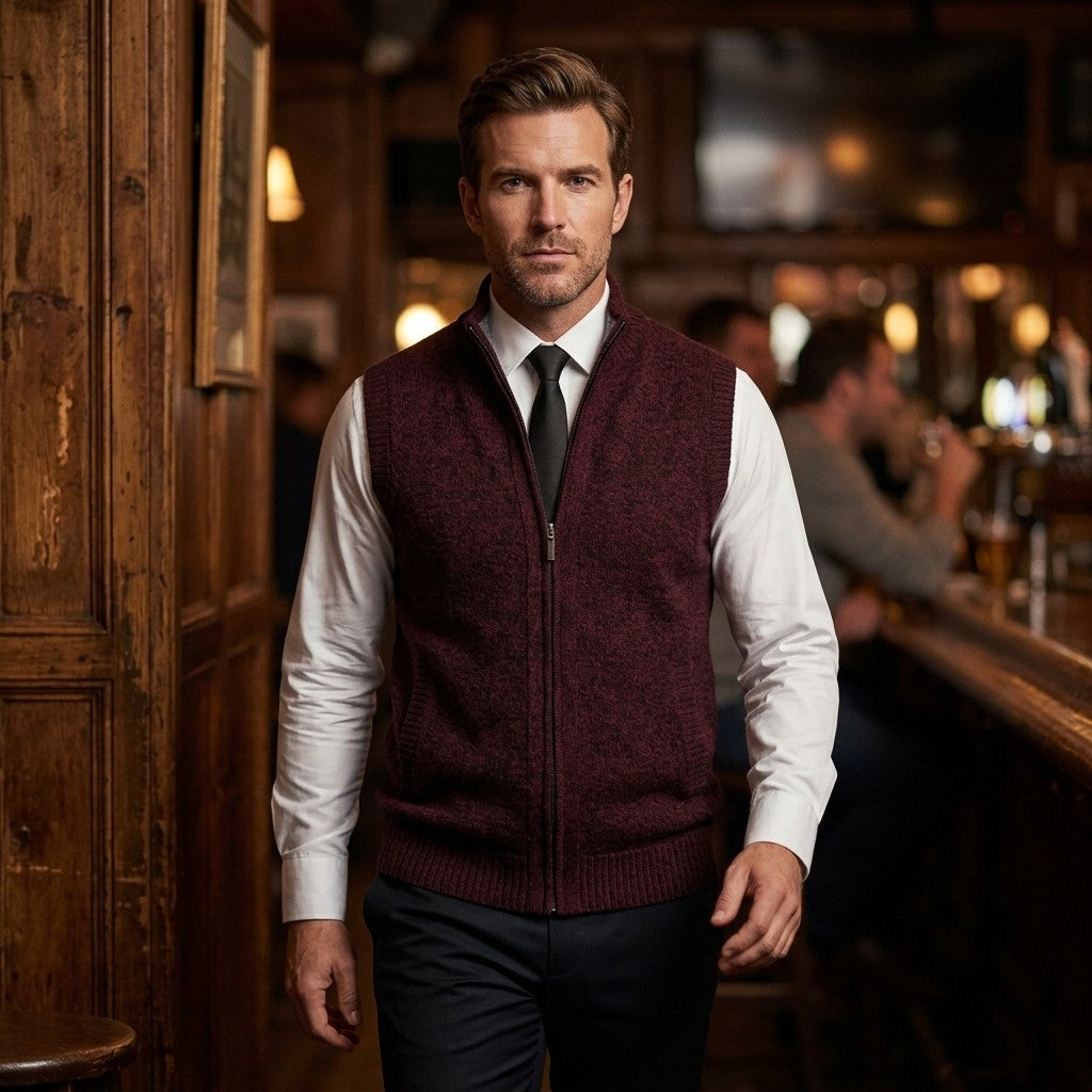 Man wearing the Elegant Full-Zip Sweater Vest in Red with a white shirt and black tie in an evening bar