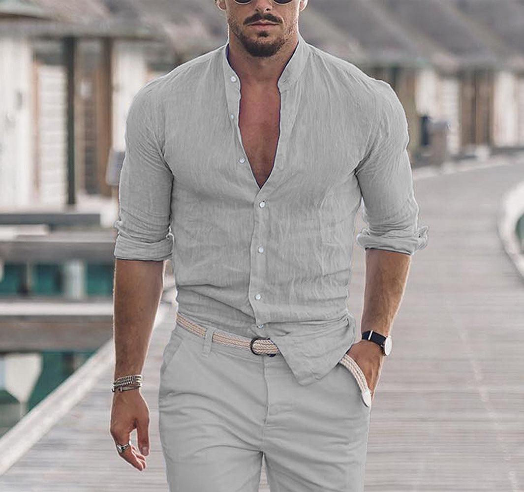 Chemise décontractée pour homme à manches longues couleur unie