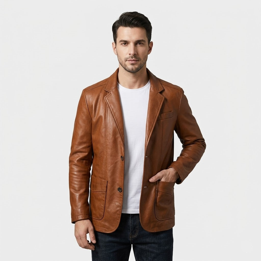 Stylish Men's Leather Jacket with Stand Collar